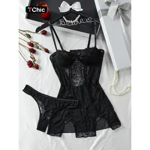 Women's 2-Piece Solid Color Floral Lace Sheer Lingerie Set, Sexy Bow-Decor Cut-Out Backless Adjustable-Strap Cami Dress & Thong, Underwear Set for Summer Womenswear Backless Cami Bodysuit