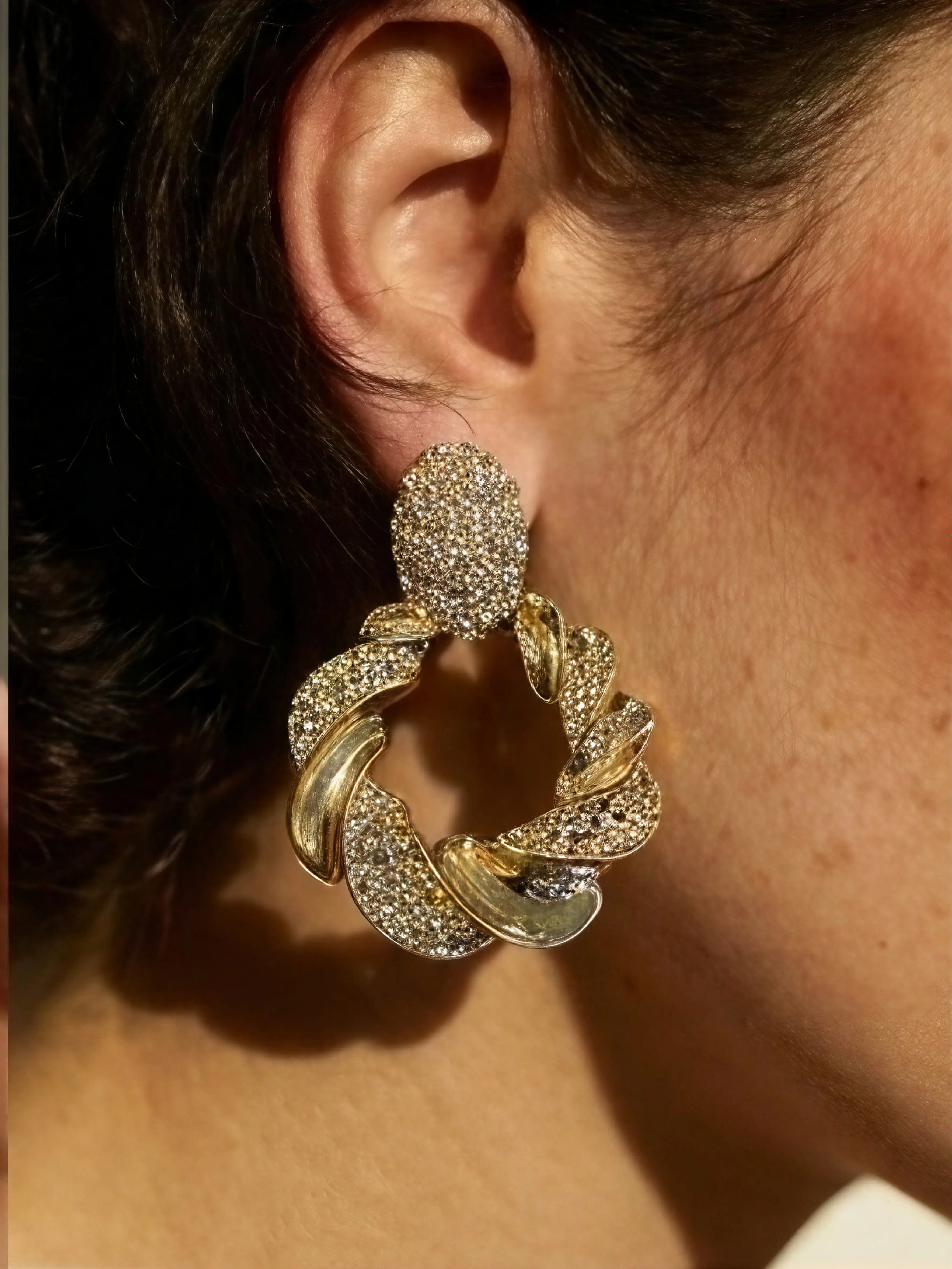 Vintage 80s Gold Chunky Statement Earrings for Women - 18K Gold Plated Crystal Twisted Rope Hoop Earrings, Bling Pave Rhinestone Drop Earrings Party Jewelry Gift