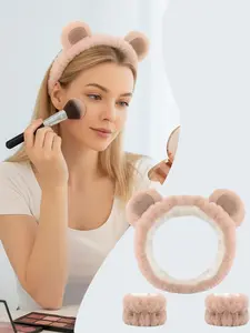 3pcs Bear Ears Headbands, Cute Spa Headband and Wristband Set, Soft Coral Fleece, Fashion Hair Accessories for Women and Girls, Animal Ears Headband