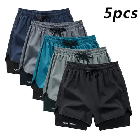 Men's 5-Pack Faux 2-Piece Athletic Shorts - Professional Gym Style, Elastic Drawstring Waistband, Quick-Dry Breathable Fabric, Inner Privacy Layer, Side Contrast Piping, Leg Opening Letter Print - Ideal For Summer Running, Workouts