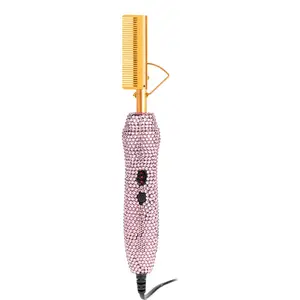 Diamond Electric Hot Comb Hair Straightener Hair Curler Curling Comb for Natural Hair Wigs Anti-Scald Case Adjustable Heat Multifunctional Styler