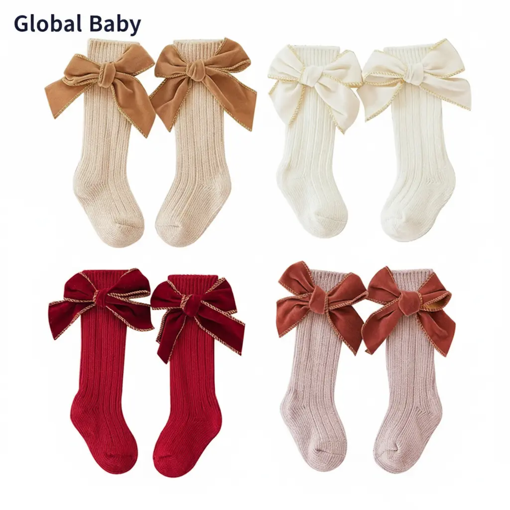 Global Baby Girl 4 Double Socks Baby Girl Knee High Socks Soft Long Socks Cotton Socks with Velvet Bow for Infant Toddler years Baby Girls Long Socks  Sweet Bow Soft Elastic Lightweight