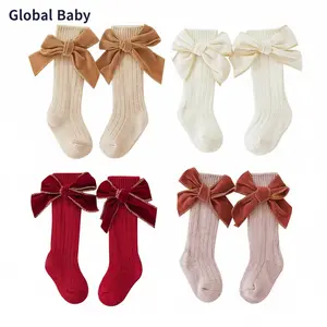 Global Baby Girl 4 Double Socks Baby Girl Knee High Socks Soft Long Socks Cotton Socks with Velvet Bow for Infant Toddler years Baby Girls Long Socks  Sweet Bow Soft Elastic Lightweight