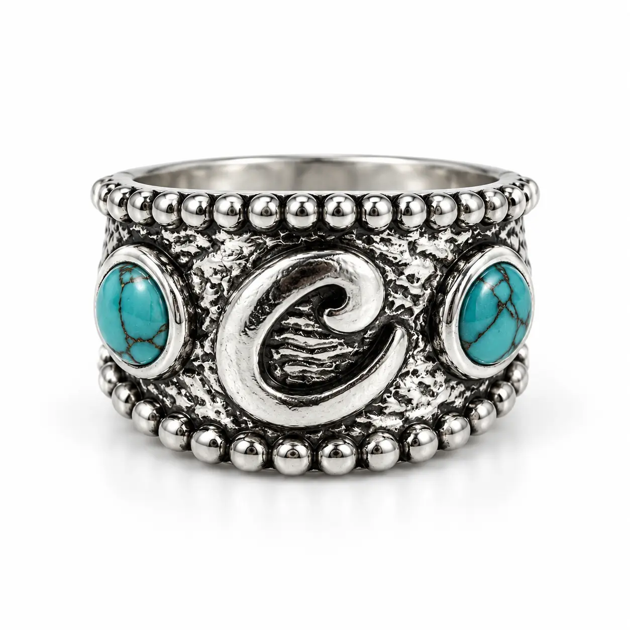 Western Cowboy Ring with Turquoise-Colored Accents, Vintage Silver Tone Zinc Alloy Statement Ring, Tapered Wide Band, Unisex Cowgirl Jewelry, Sizes 6–10