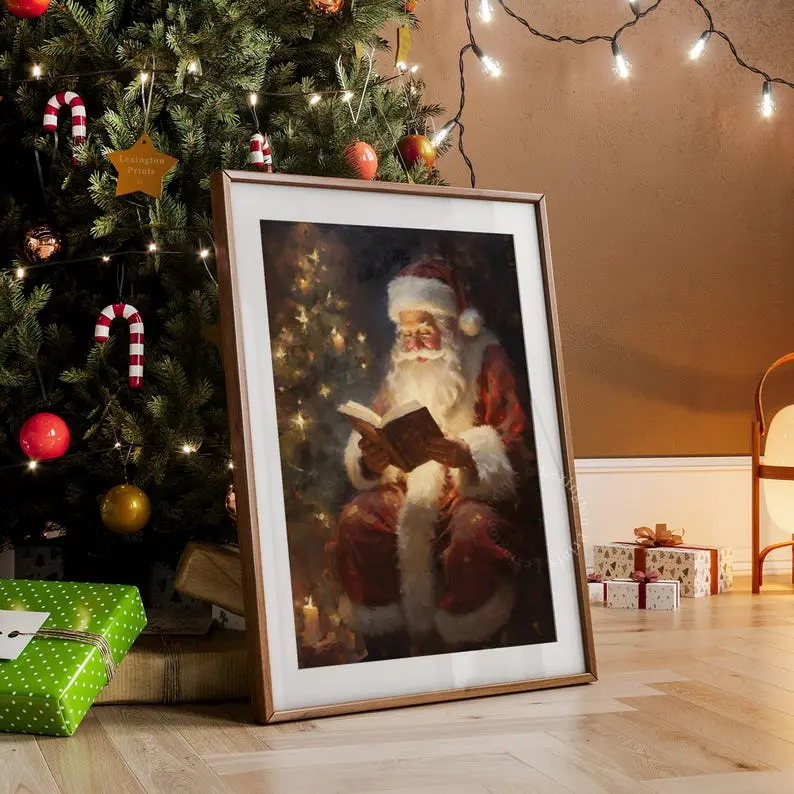 Vintage Christmas Wall Art,Santa Claus Reading Book Print, Merry Christmas Poster,Xmas Wall Decor Gift,Artistic Ornaments, Room Decor Decoration Photo