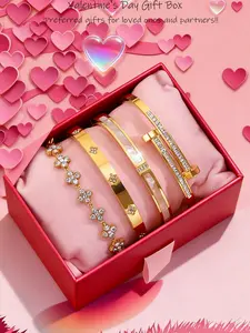 4-piece new high-quality stainless steel bracelet paired with exquisite gift box, Romantic bracelet set, versatile and high-end bracelet, unique design, suitable for daily Valentine's Day gifts and daily wear