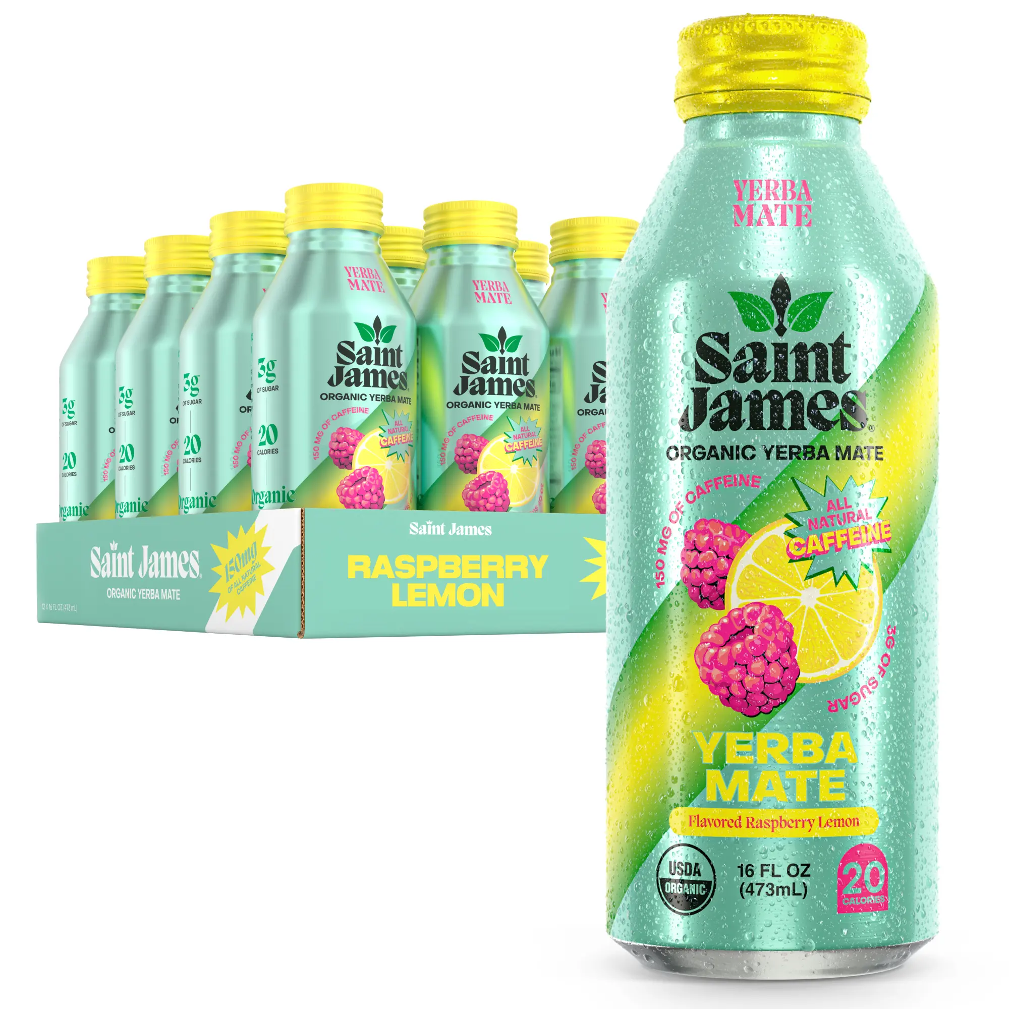 Saint James Organic Yerba Mate, Raspberry Lemon, 12 Pack (16 fl oz each), 150mg Natural Caffeine, Gluten-Free & Vegan Tea Beverage