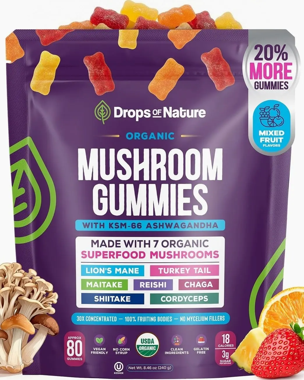 Drops Of Nature Organic Mushroom Gummies & Ashwagandha - Mixed Berry, 80 ct | KSM-66 Ashwagandha Gummies with 7 Superfood Mushroom Lions Mane Reishi Turkey Tail Chaga & More, Low Carb Vegan, Gelatin-Free