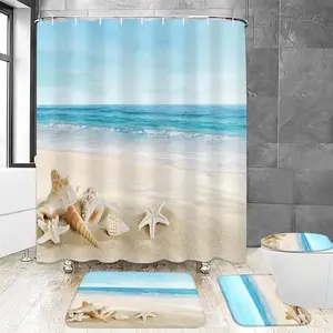 4Pcs Summer Beach Shower Curtain Sets Sea Ocean Bathroom Set Decor with Non-Slip Rugs Bath U-Shaped Mat Toilet Lid Cover Waterproof Starfish Shell Bathroom Curtain Shower Set with 12 Hooks