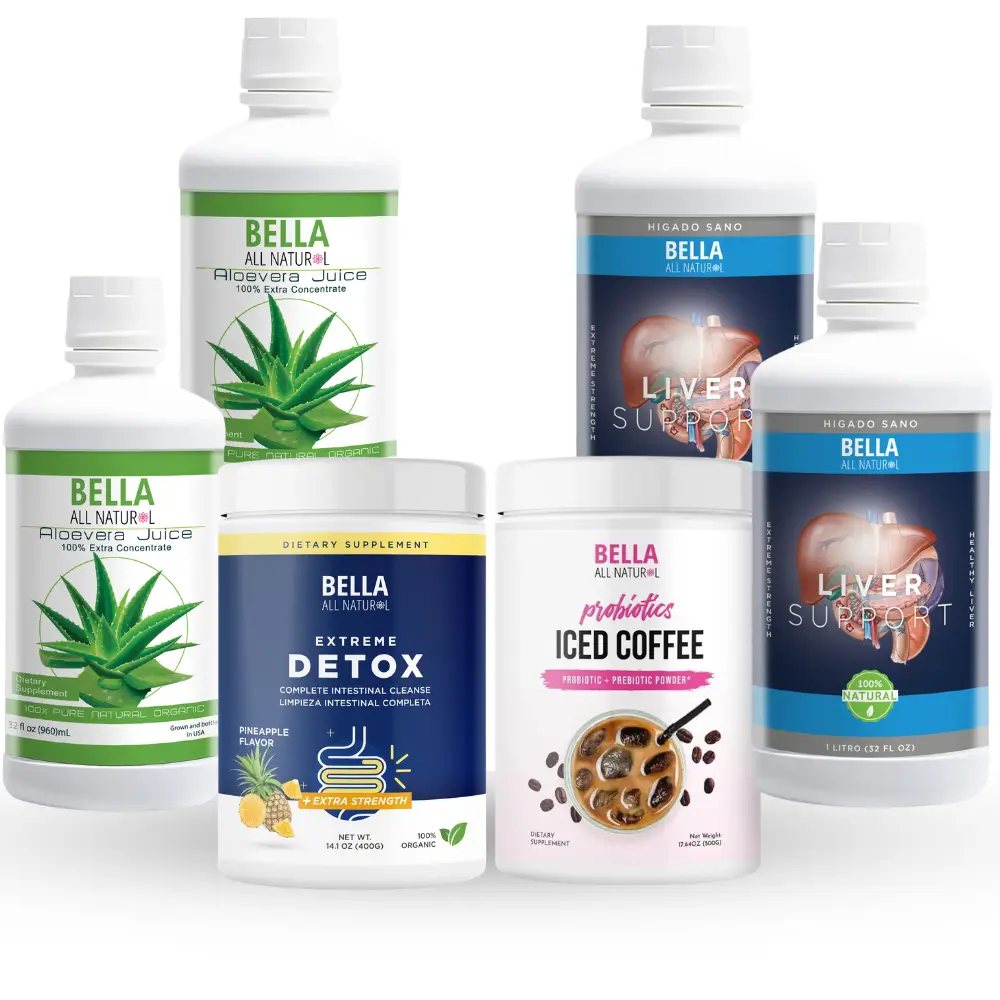 Bella All Natural Probiotics Kit ( 2 Liver Support Liquid, 2 Aloe Vera Liquid, 1 Colon Cleanse Powder (piña/pineapple flavor), 1 Probiotics Coffee