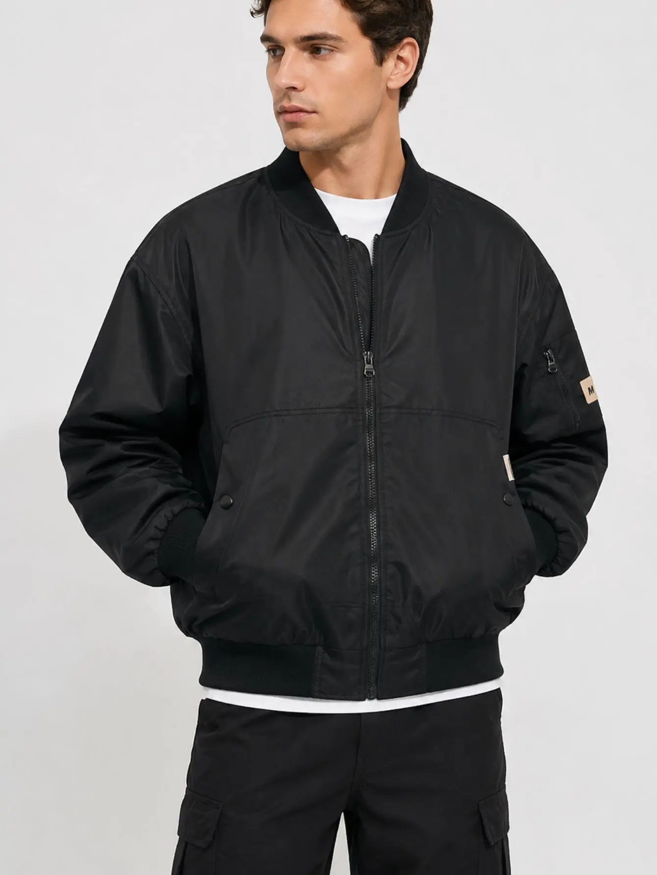 Men’s Baseball-Collar Long Sleeve Aviator Coat - Minimalist Loose-Fit Menswear Casual Zip-Up Flight Tops with Sleeve Zippered Pockets, Hangable Streetwear Outerwear
