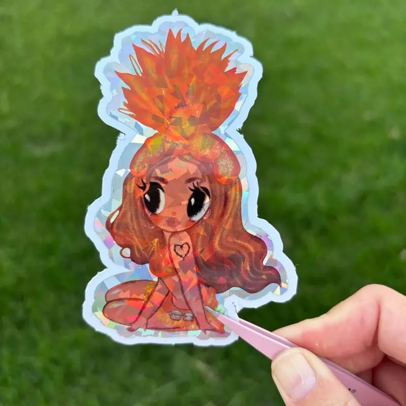 Holographic Fire Goddess Sticker | Shiny Vinyl Art Decal | Tropicoquete Cute Fantasy Girl Aesthetic | Waterproof Glitter Sticker for Laptop, Cup, or Notebook”