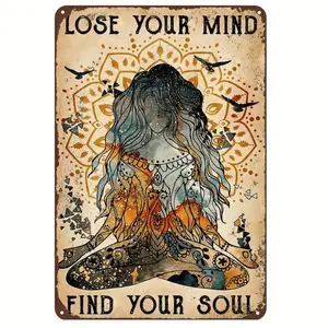 Americana Style Yoga Poster - 1pc Iron Wall Hanging Decor with "Lose Your Mind, Find Your Soul" Quote - 12x8 in Vintage Meditation Art for Bedroom - No Electricity Needed