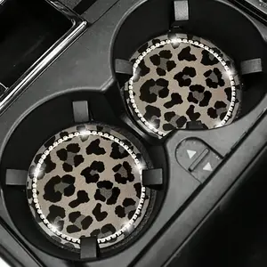 2Pcs Leopard Print Rhinestone Decorated Car Cup Holders, Silicone Non-Slip Coasters, 2.75" Universal Car Interior Accessories, Stylish and Functional Car Decor for Men & Women,  Durable and Easy to Clean Car Coasters for Vehicles, SUVs, Trucks
