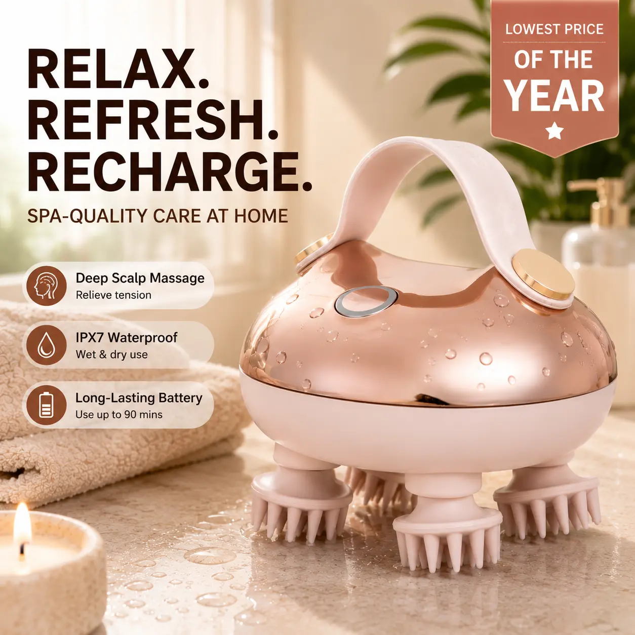 arboleaf Electric Head Massager, Portable Self-care Scalp Spa Device, Rechargeable Waterproof Scalp Massager with 8 Removable Massage Claws for Head Relax & Stress Relief