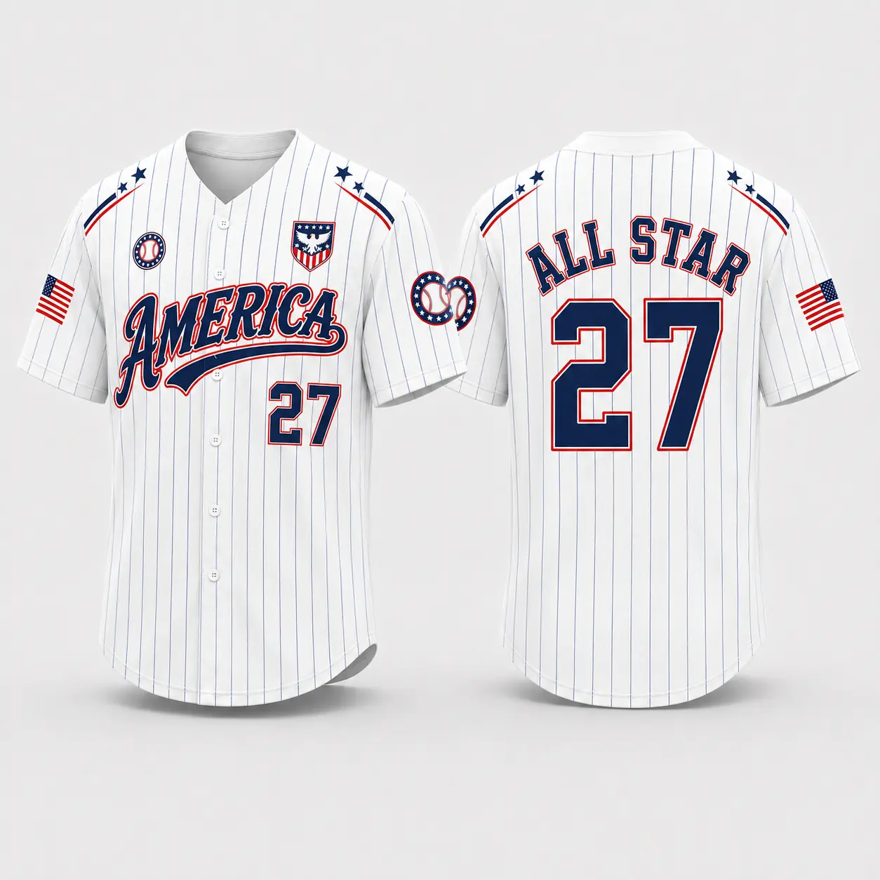 Men’s Patriotic Baseball Jersey, American Flag Graphic Pinstripe Shirt with Number 27, Button Front Sports Jersey, Short Sleeve Casual Top for Game Day & Everyday Wear