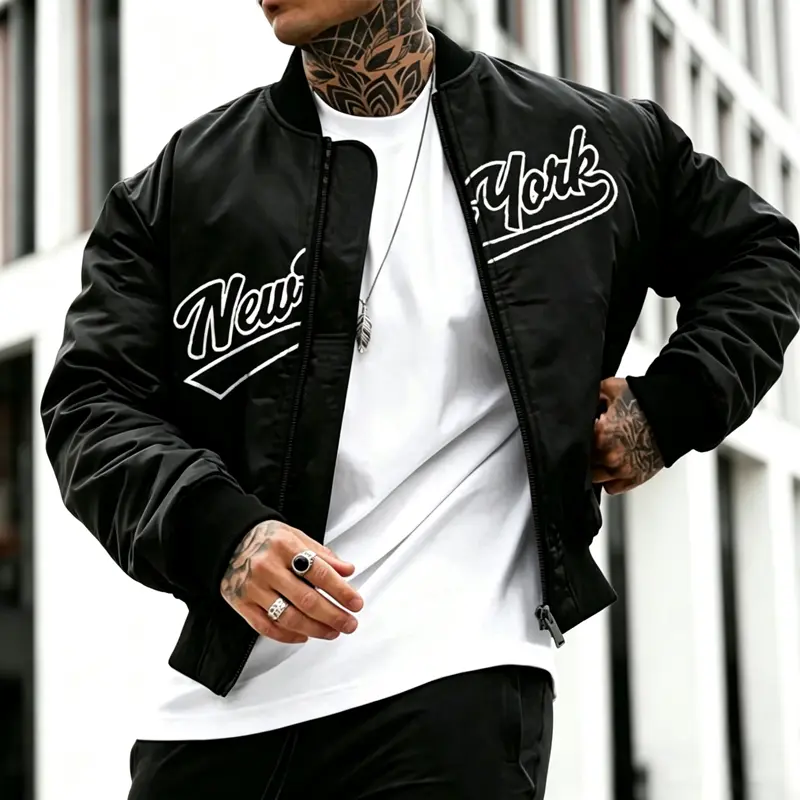 Men’s vintage New York floral letter print aviator jacket, long-sleeve zip-up baseball jacket, hip-hop street style loose lightweight windproof outerwear, fashionable casual jacket for everyday outdoor wear, available in multiple colors.