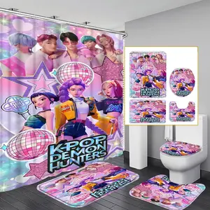 4-Piece Modern Bathroom Curtain Set, Colorful Background Shower Curtains, Includes 12 Hooks, Non-Slip Toilet Mat & U-Shaped Seat Cover