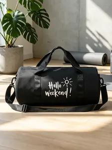 Hello Weekend Printed Large Bag, fitness-themed handbag and storage luggage bag. Multi-pocket design with adjustable strap, ideal gift for fitness lovers.