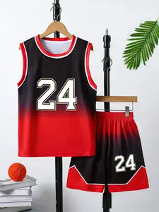 Boys' Basketball Sports Set - No. 24 BRYANT Printed Vest and Shorts Two-Piece Set, Gradient Red and Black Style, Breathable and Comfortable, Suitable for Boys' Training and Competition Outfits