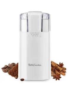 Betty Crocker Electric Coffee Grinder, Grinds Up to 12 Cups, Stainless Steel Bowl & Blades, Coarse to Fine, Double Action Safety-Lock, Easy Handling, Herb and Spice Grinder, BC-4821W, White