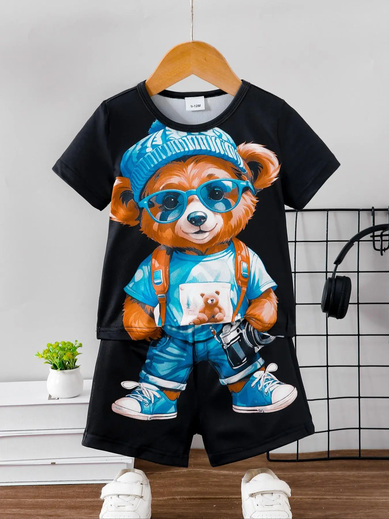 Baby Boy's Bear Print Short Sleeve Tee & Shorts Two-piece Set, Casual Round Neck T-shirt & Shorts, Summer Outfits Clothes for Infant Toddler
