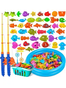 Summer Magnetic Fishing Toys for Kids, 49PCS Outdoor Pool Water Game with 2 Fishing Rods, 41 Sea Creatures, Inflatable Pool, Educational Toy for Toddlers 3-8, Birthday Gift outdoorfun