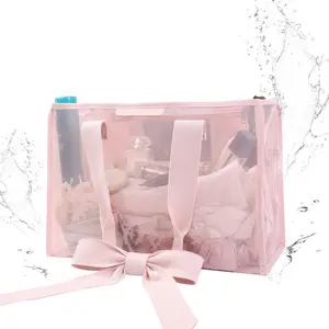 Pink Bow Beach Bag - Large Lightweight Tote, Waterproof Sandproof with Phone Pouch, for Women, Travel, Pool Day