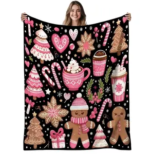 Christmas Dessert Flannel Blanket  Gingerbread Man Candy Cane and Hot Cocoa Patterns Pink and Black Soft Warm All-Season Bedspread, Comfortable Bedding Suitable for Room Sofa Bed  Gingerbread House Theme Holiday Decoration Christmas Throw