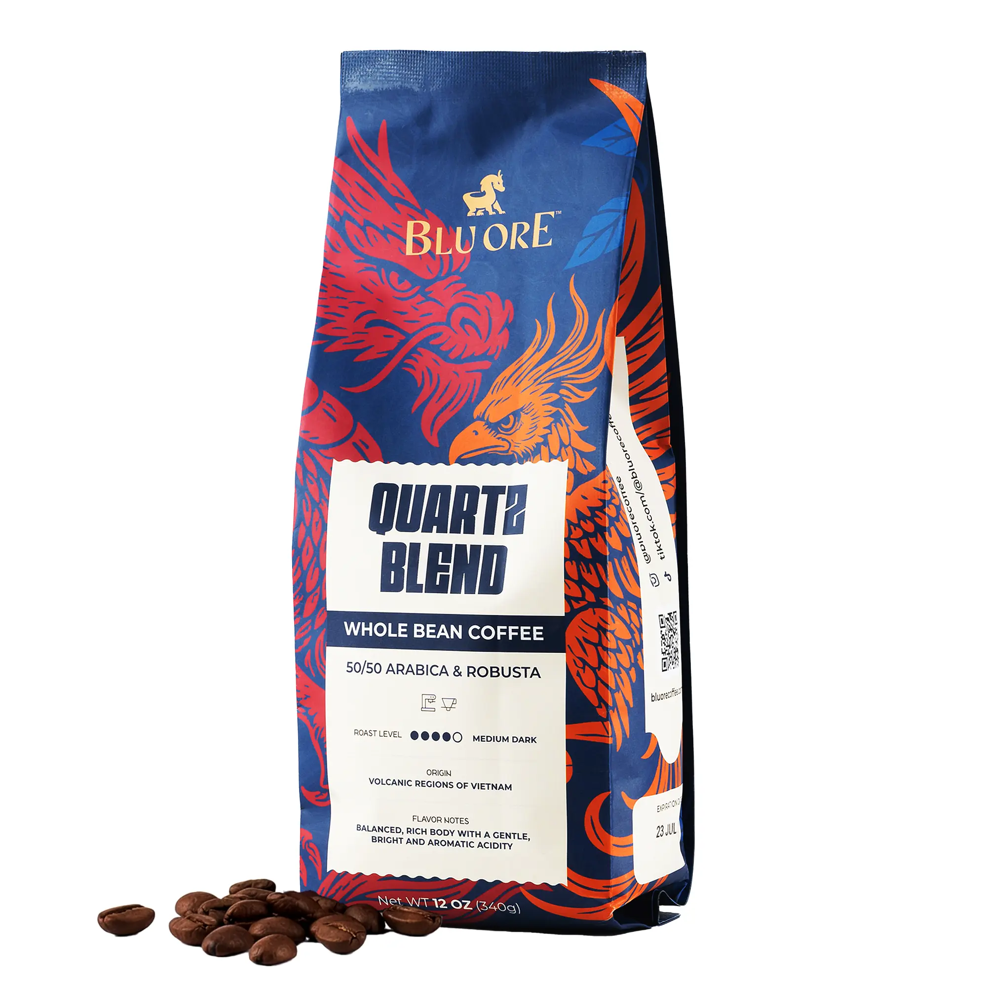Blu Ore Quartz Blend Whole Bean Coffee, Single Origin Vietnam Espresso Beans, Medium Dark Roast 50% Arabica & 50% Robusta Blend with Rich Body for Milk Drinks, 12 oz