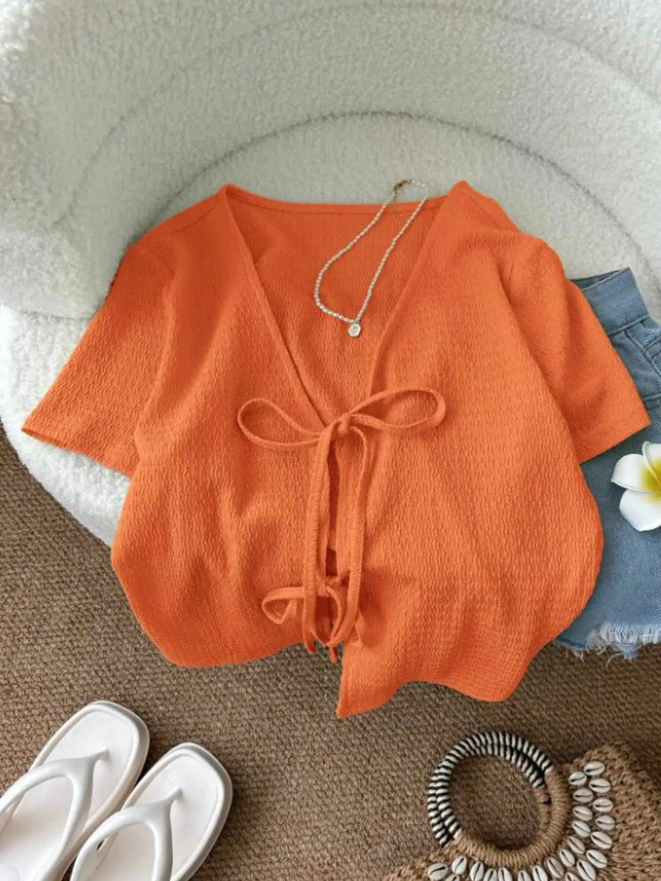 Textured Tie-Back Short Sleeve Cardigan, Summer Lightweight French Chic Bohemian Style V Neck Short Sun Protection Outerwear Top, Boho Loose-Fitting Clothing Knitwear