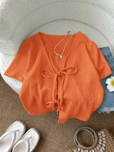 Textured Tie-Back Short Sleeve Cardigan, Summer French Style V Neck Short Sun Protection Outerwear Top, Boho Loose-Fitting Clothing Knitwear Knitting Womenswear