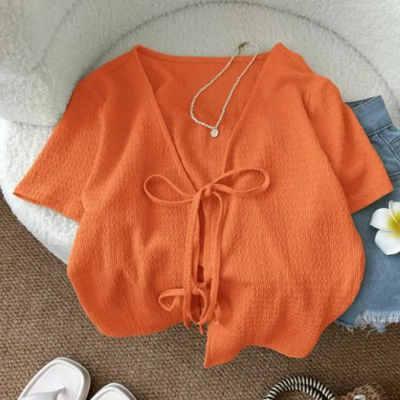 Textured Tie-Back Short Sleeve soft knitwear Cardigan, Summer Lightweight French Chic Bohemian Style V Neck Short Sun Protection Outerwear Top, Boho Loose-Fitting Clothing