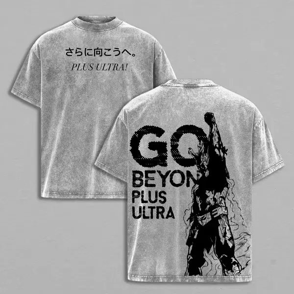 Relaxed Distressed Wash Graphic Tee Plus Ultra Japanese Script Chest Print All Might Go Beyond Bold Letter Back Heavy Cotton Short Sleeve Top Mens Retro Anime Street Style Daily Hip Hop Outfit