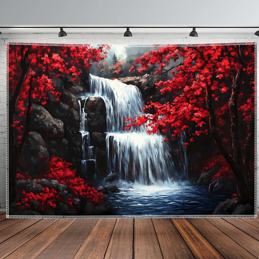 Removable Polyester 2D Flat Nature Landscape Waterfall Red Maple Tapestry - 1PC Reusable Wall Hanging Decor for Bedroom, Birthday Party Backdrop,summerwins