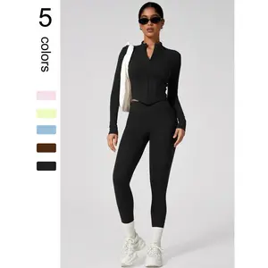 Two-PieceSetWomen'sSolidZipUpJacket&HighWaistLeggingsTracksuitSet,SportyBreathableComfyOutfitsforYogaGymWorkoutRunning,LadiesSportswearforAllSeasons