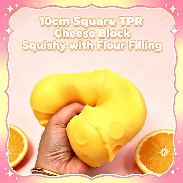 10cm Square TPR Cheese Cube Squishy Toy Flour Filled Sensory Fidget Squeeze Toy, Super Fun Playable Novelty Hobby Toy for Kids Teens Adults, Stress Relief Anxiety Calming ASMR Desk Toy, Party Favor & Creative Gift