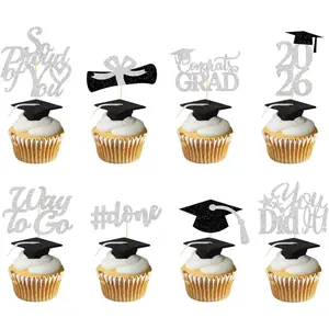 Graduation Decorations 2026 Silver White, Graduation Cupcake Toppers 2026 Silver White Black, Glitter Class of 2026 Cupcake Toppers Supplies, Congrats Grad Cap Diploma Cupcake Picks - 40Pcs