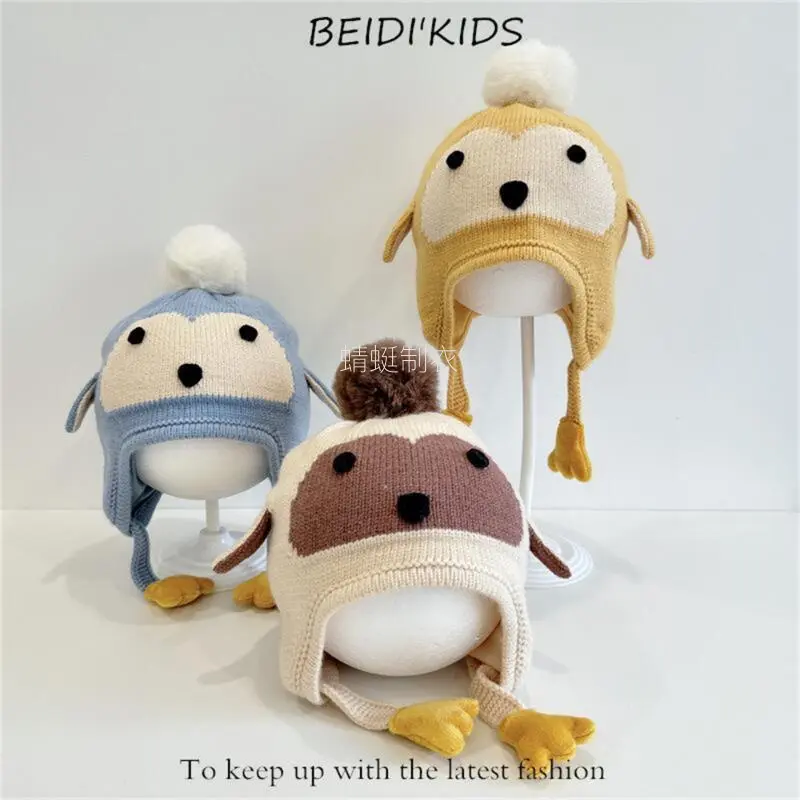 Kids' Penguin-Shaped Knitted Yarn Beanie - Elastic Bands, Warm Animals-Themed Casual Cap for Winter, Fall, Cute
