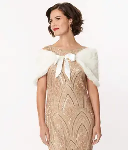 Unique Vintage White Faux Fur Ribbon Shawl