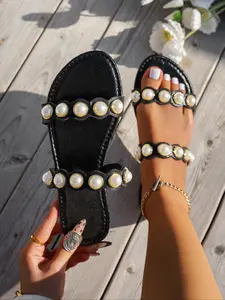 Women's Plus Size Faux Pearl Decor Flat Sandals, Summer Beach Elegant Toe-Open Slippers, PU Leather, Rubber Sole, Plain Style, PU Leather Slides