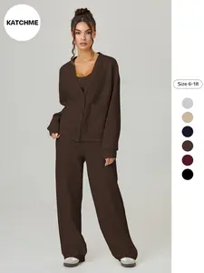 Women's Autumn Winter Casual Fitted Set, Long Sleeve Button Front Cardigan & Wide Leg Pants, Elegant Knitted for Daily Wear