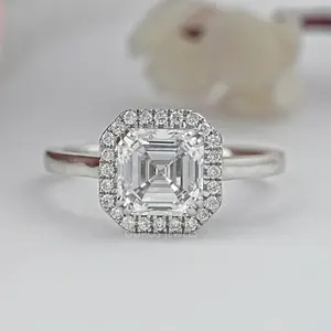 Asscher Cut Lab Diamond Halo Solitaire Engagement Ring