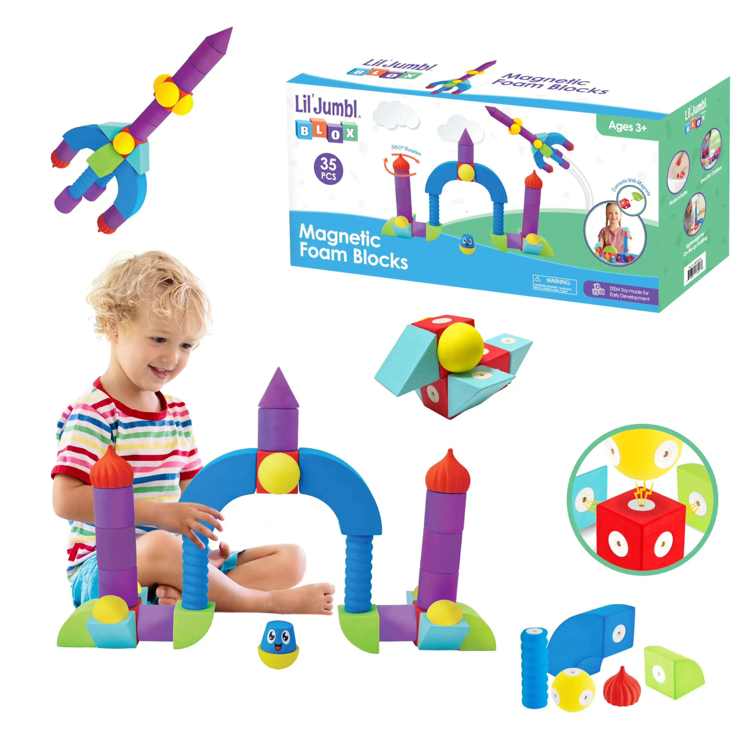 Lil' Jumbl Magnetic Foam  – STEM Preschool Sensory Toys for Children, Toddlers, Boys and Girls – 35 Piece Castle Set , Bath Building Blocks, The Supreme Bath Toy, Engineering Toys for Kids 3-6