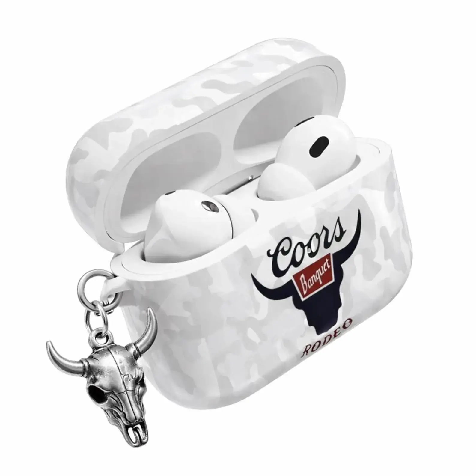 Banquet Rodeo AirPods Case – White Camouflage Design with Bull Head Logo & Metallic Skull Charm, Fits AirPods Pro (Gen 1/2) & AirPods (Gen 1/2/3), Perfect Gift for Western & Rodeo Style Fans