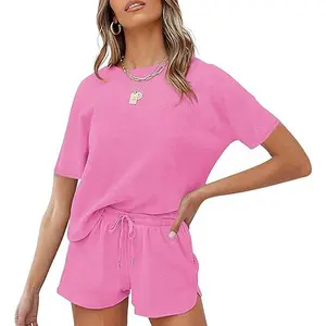 MEROKEETY Women's Short Sleeve Waffle Pajama Sets Lounge Top and Shorts 2 Piece Tracksuit Outfits