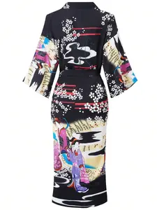 Japanese Vintage Floral Print Long Kimono Cardigan with Belt, Women's Elegant Stylish Beach Cover Up for All Seasons, Fashion Women's Clothing for Daily Wear, Womenswear