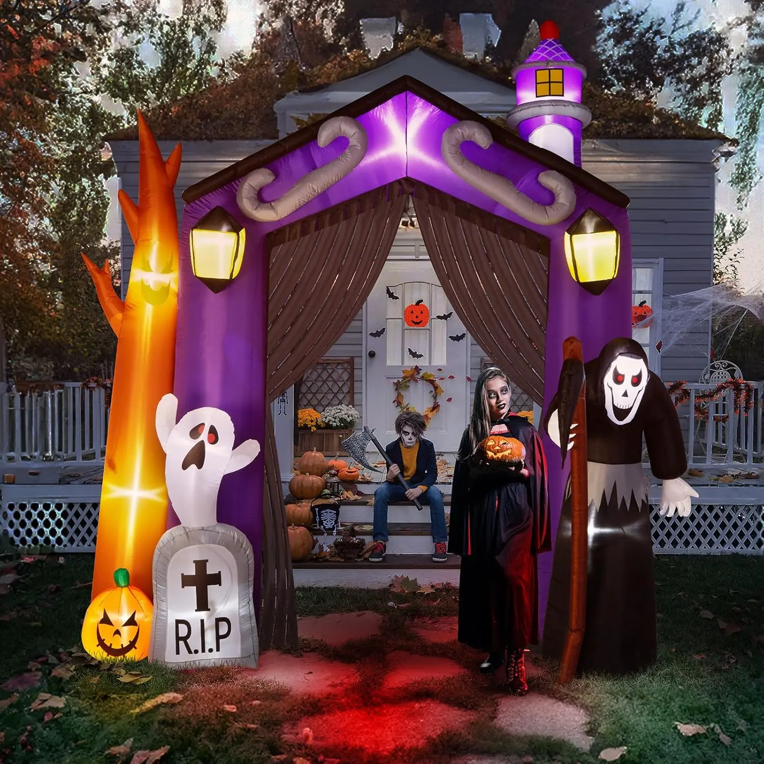 VINGLI Inflatable Halloween Outdoor Decorations, Blow Up Yard Decorations, Built-in LED Lights Décor for Indoor Home Party Garden Lawn Store, 9.8FT Death Gravestone Archway