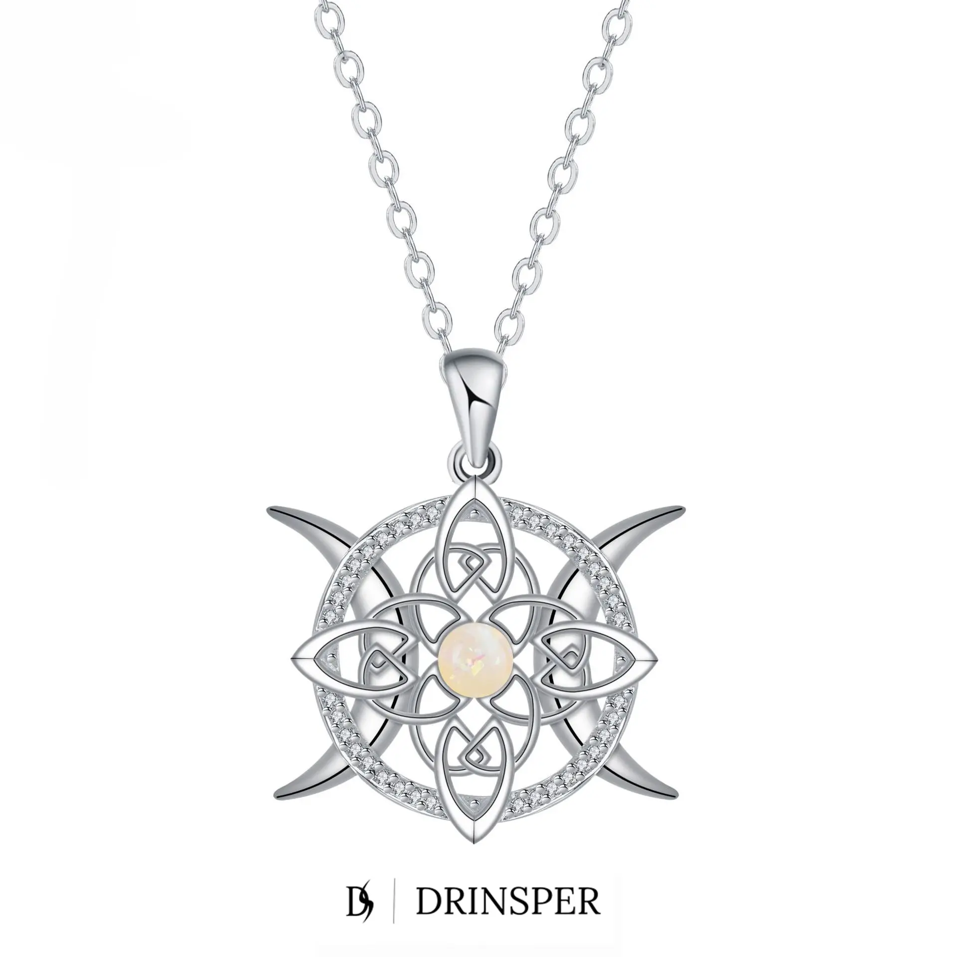 DRINSPER Celtic Trinity Knot Necklace for Women, Opal and Cubic Zirconia Celtic Symbol Pendant Jewelry with Silver Plated Copper Design, Stainless Steel Chain Faith Inspired Necklace Gift, Adjustable Chain for Daily Wear and Special Occasions