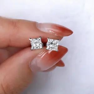Fashionable classic princess cut moissanite earrings, perfect for anniversary, birthday, Christmas, and wedding gifts, suitable for daily wear, party earrings, and ideal holiday gifts for women